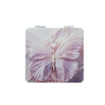 Unique Bargains 1 Pc Portable Retro Butterfly Makeup Mirror for Travel Vacation Purple Pink PU Stainless Steel Glass