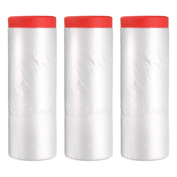 Pre-Taped Masking Film, 7.9ft x 66ft High-Tack Painters Tape Plastic Drop Cloth with High-Tack Painters Tape for Painting Protection Red 3Pcs