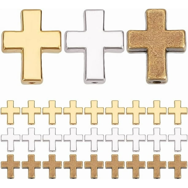 30 cuentas espaciadoras de 3 colores, doradas, plateadas, de bronce, con forma de crucifijo, de 15 mm, para pulseras, pendientes, collares, bisutería, agujero: 2 mm.