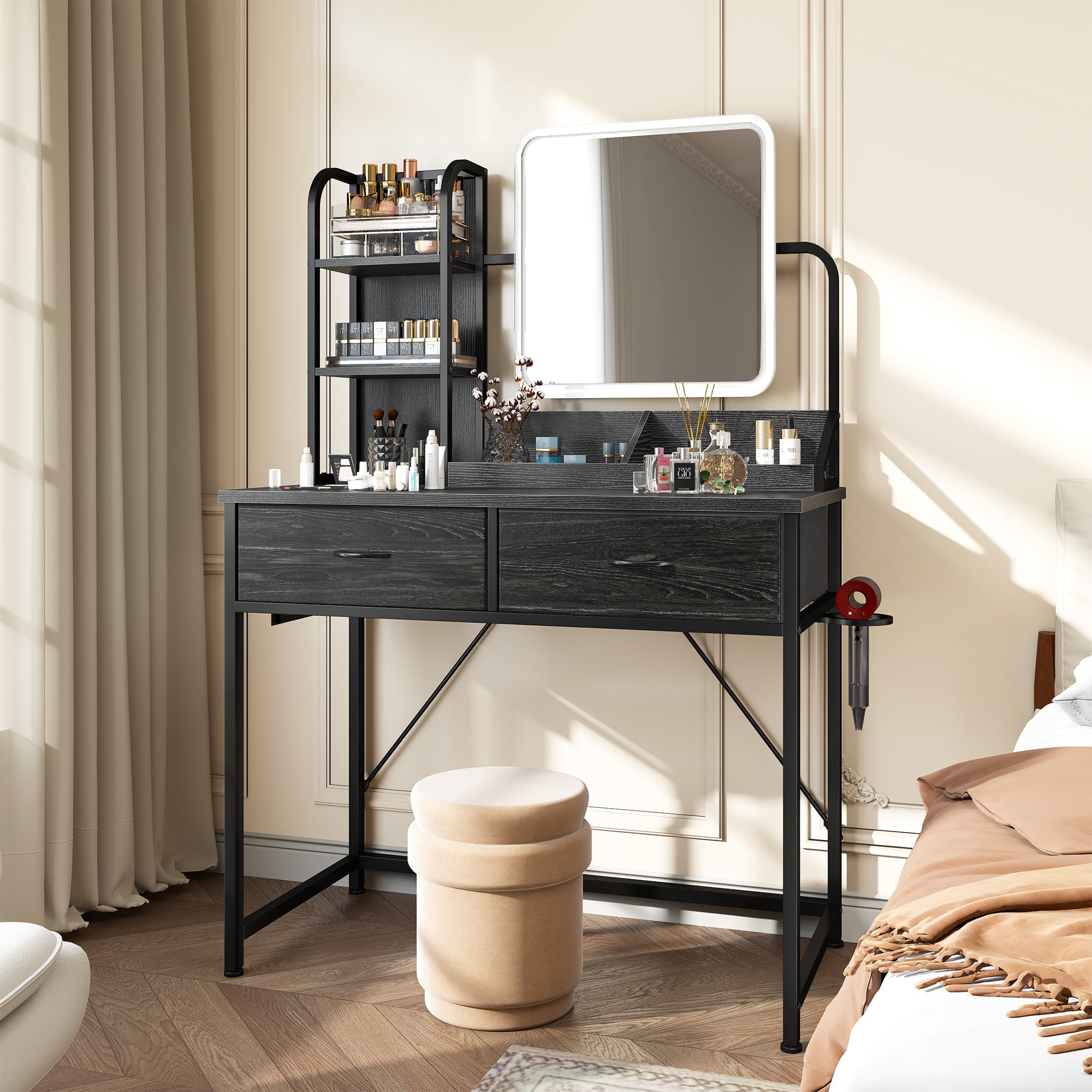 Makeup Vanity Table for Small Spaces Dressing Table with Mirror & LED Lights Makeup Desk with 2 Fabric Drawers & USB Port for Bedroom, Black