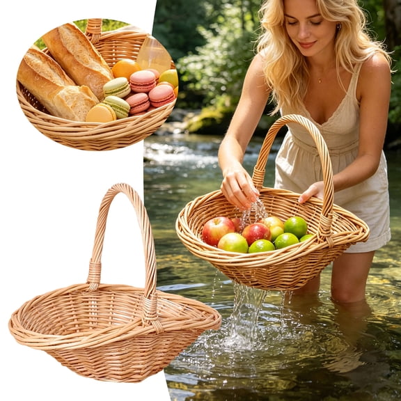 Rattan Garden Baskets for Gathering Vegetables, Mini Picnic Basket with Handle, Multipurpose Harvest Basket Woven Easter Basket for Fruits