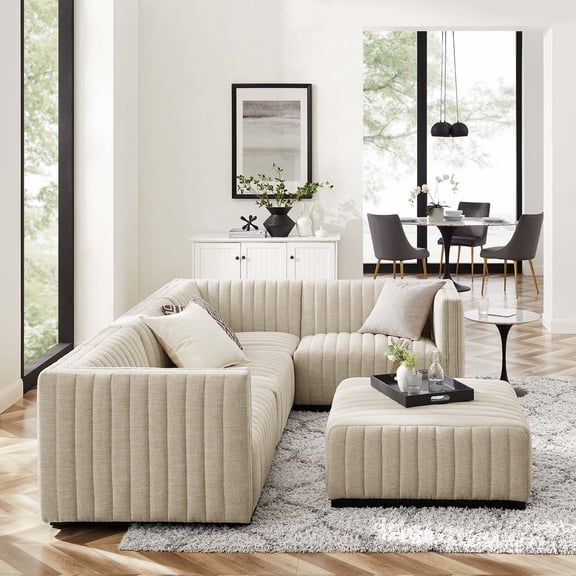 Modway Conjure Channel Tufted Upholstered Fabric 5-Piece Sectional in Black Beige