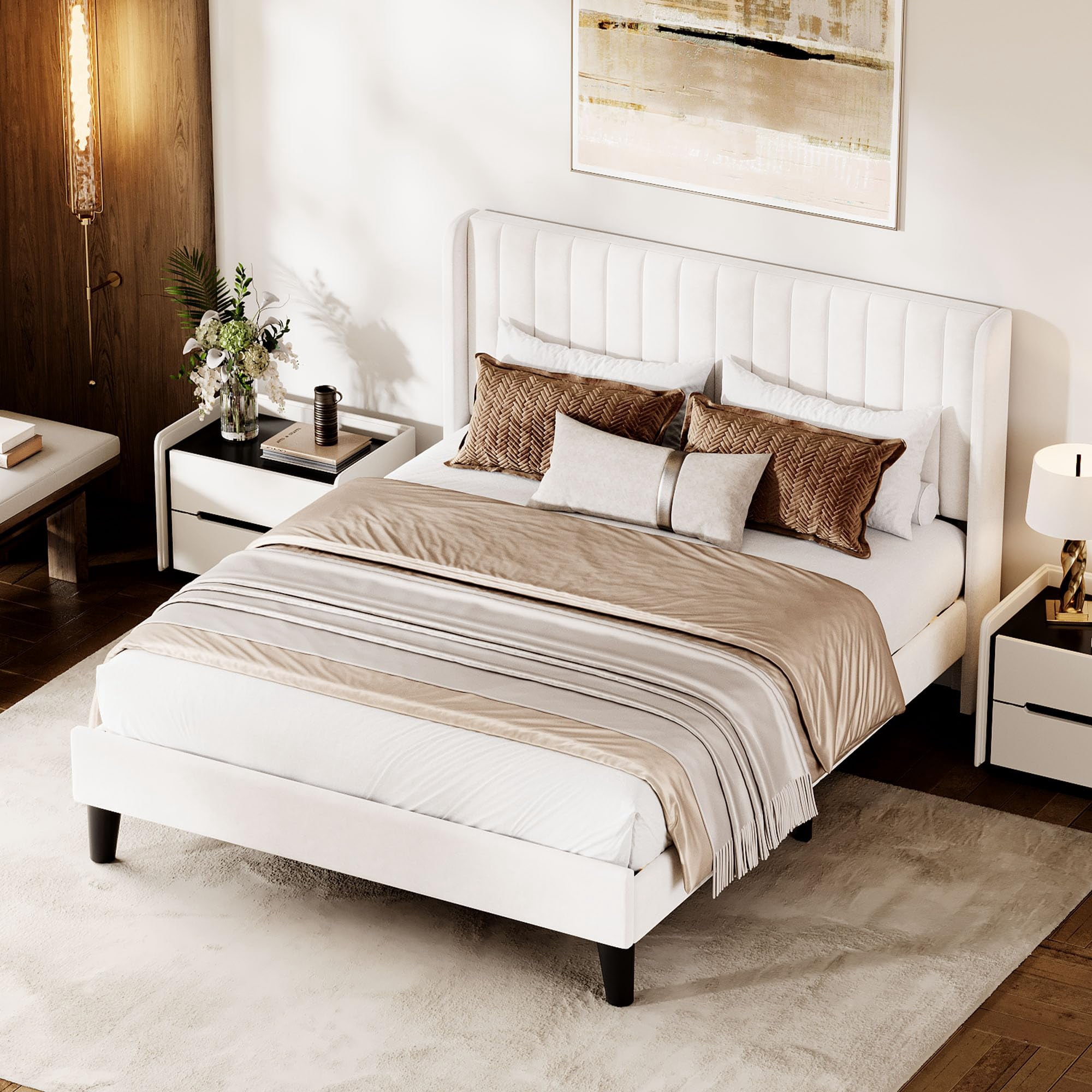 CuisinAid Queen Size Velvet Bed Frame with Wingback Headboard, Upholstered Platform Bed, No Box Spring Needed，White