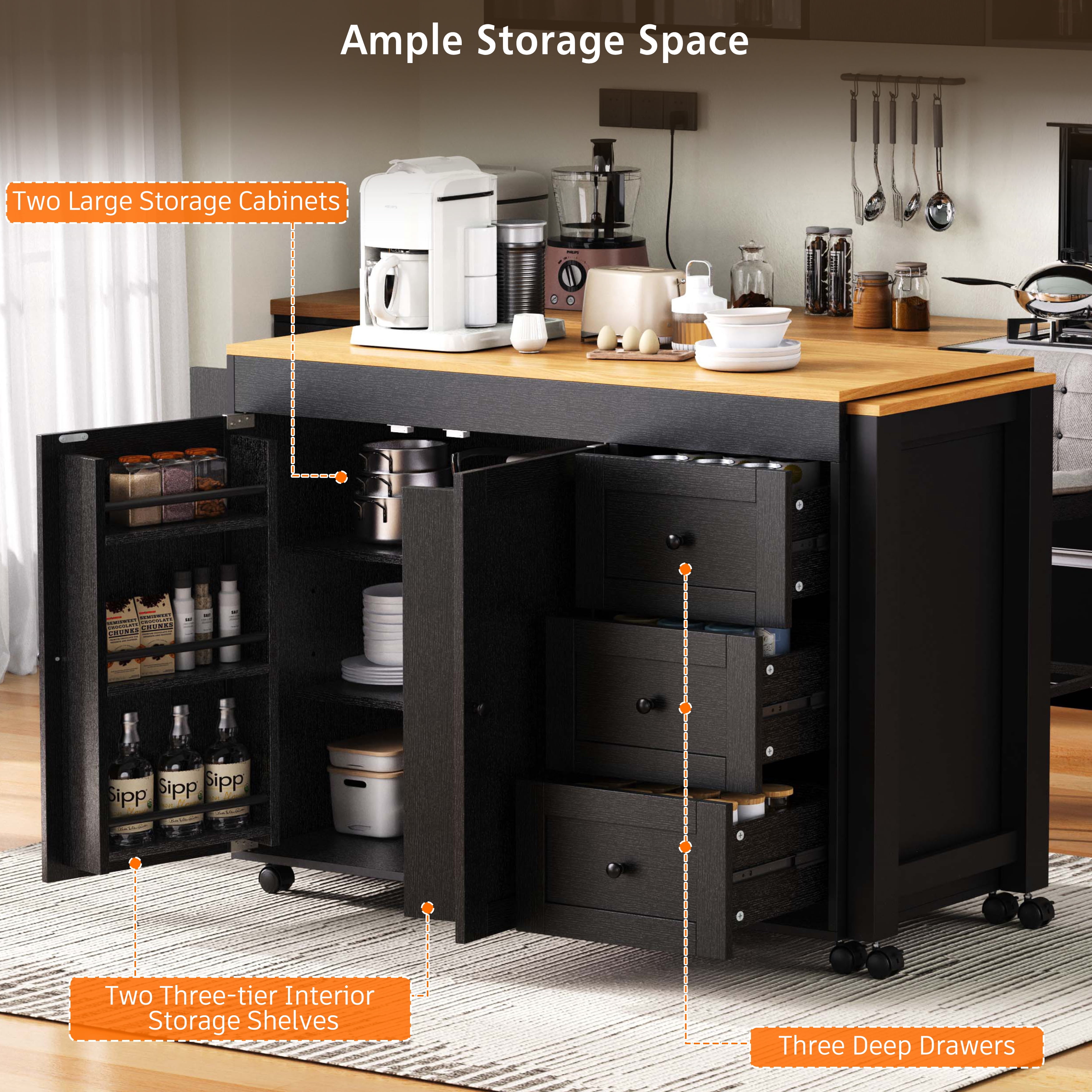 74.8-Inch Kitchen Island with Extendable Dining Table and Power Outlet, Rolling Kitchen Cart with 3 Drawers and Spice Rack for Kitchen, Black