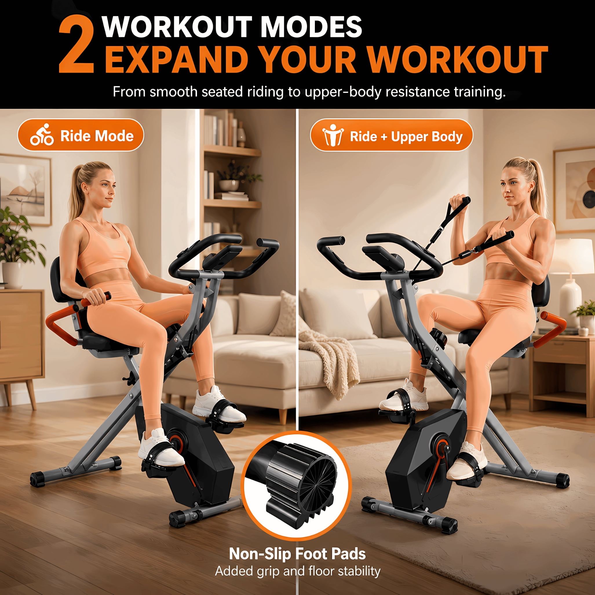 USLIM Foldable Exercise Bike for Home, Stationary Bikes for  Cardio Workout with 16-Level Resistance, Resistance Bands, LCD Monitor, 300 lb Capacity