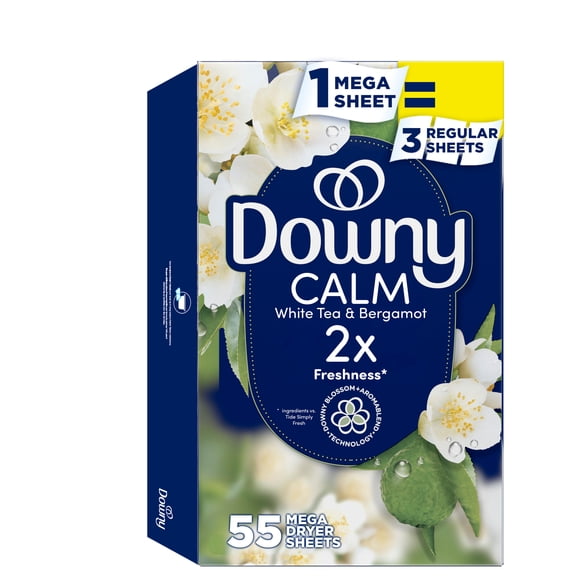 Downy CALM, Mega Dryer Sheets, White Tea & Bergamot, 55 Count