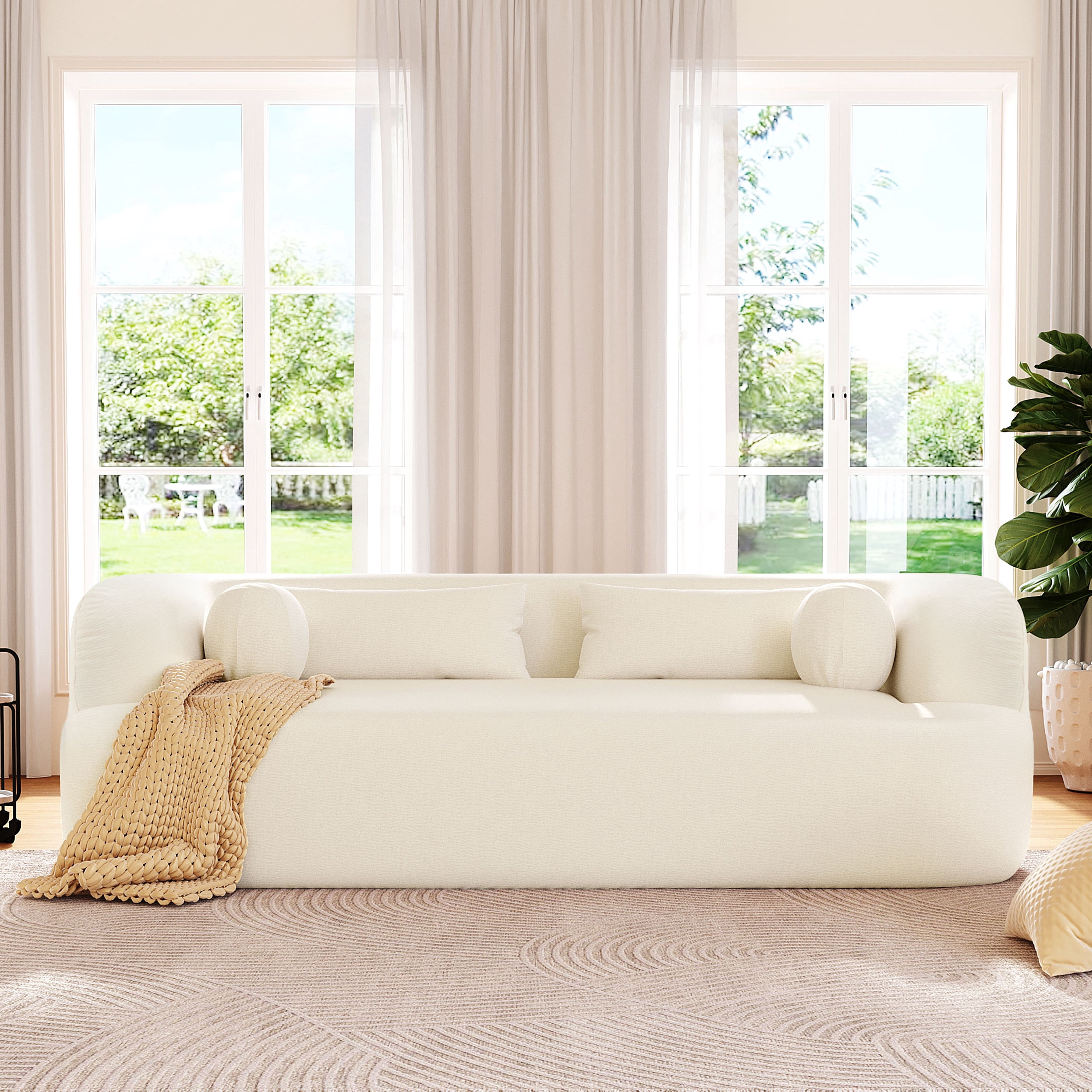 Sofa, Couch, No Assembly Sofa, Curved Frameless Chenille Cloud Couch Compressed Delivery, Includes 4 Pillows, 3-Seater Sofa for Living Room, Beige