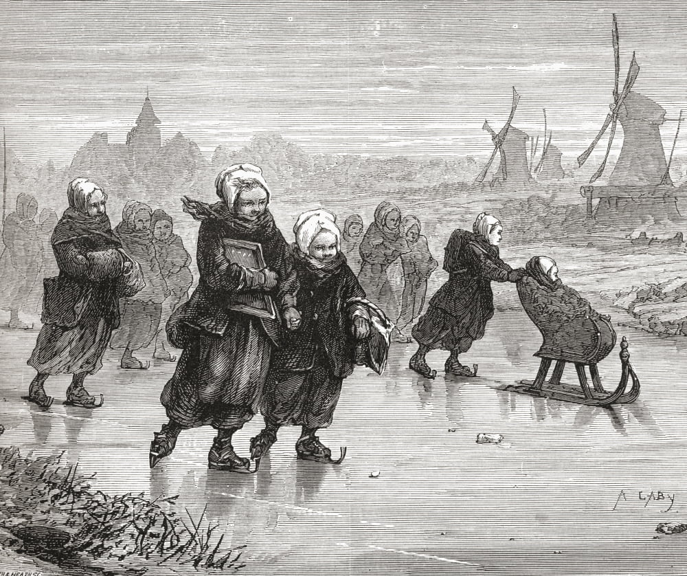 Children Skating To School During The Winter In Zaandam North Holland The Netherlands In The 19Th Century From Pictures From Holland By Richard Lovett Published 1887 Canvas Art - Ken Welsh Design Pic