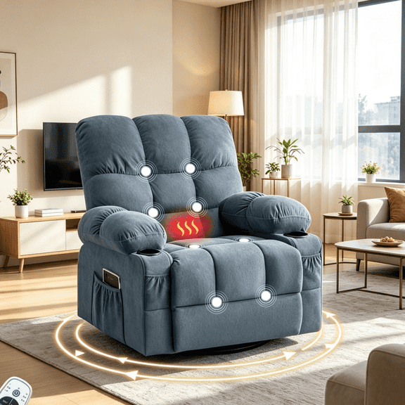 Gericco 35" Swivel Rocker Recliner Chair with Massage Heat Side Pocket USB for Living Room,Blue