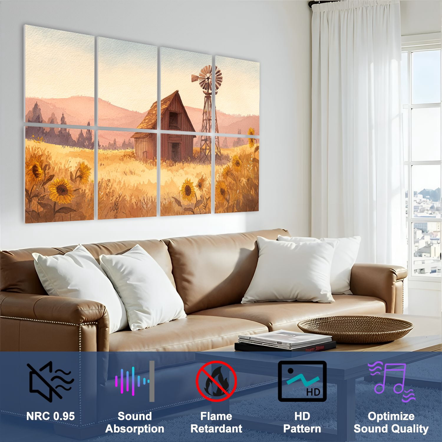8 Pack Art Acoustic Panels Sound Absorbing Golden Sunset Barn Sunflowers Watercolor Art Decorative Soundproof Wall Panels Self Adhesive for Bedroom Home Office 48"x32"