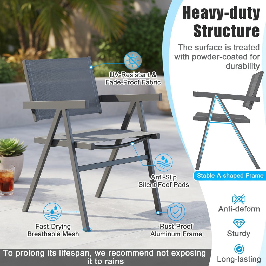 Hommoo 2-Pack Outdoor Patio Dining Chairs, Breathable Fabric Seat, Powder-Coated Metal Frame, Fade-Resistant & Ergonomic Design for Patio, Poolside & Backyard, Gray