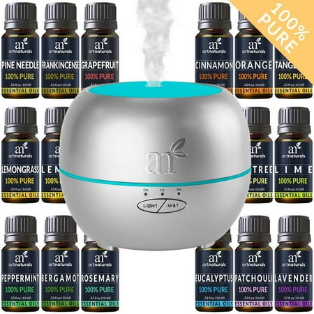 Ultrasonic Silver Oil Diffuser + 16 Pure Essential Oils (10mL) Aromatherapy
