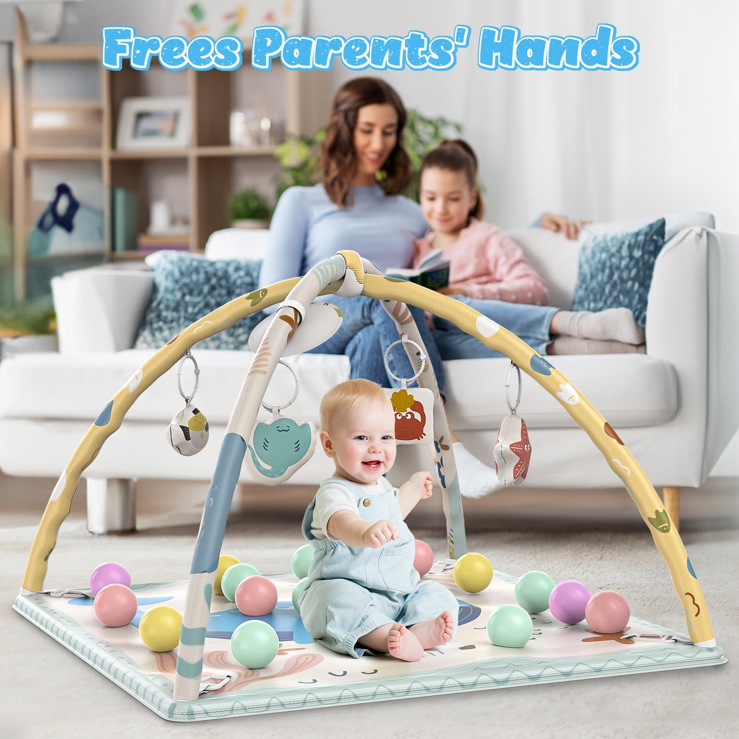 WonderStone 5-in-1 Baby Gym & Play Mat, Tummy Time Toys with Sensory Toys & 18 Balls for Newborns and Infants 0-12 Months, Whale