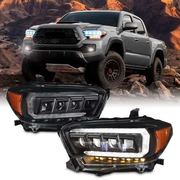 AKKON - Fit 2016-2023 Toyota Tacoma SR/SR5 [Halogen Type] w/Sequential Signal DRL Multi-Beam Projector Headlights Black Pair