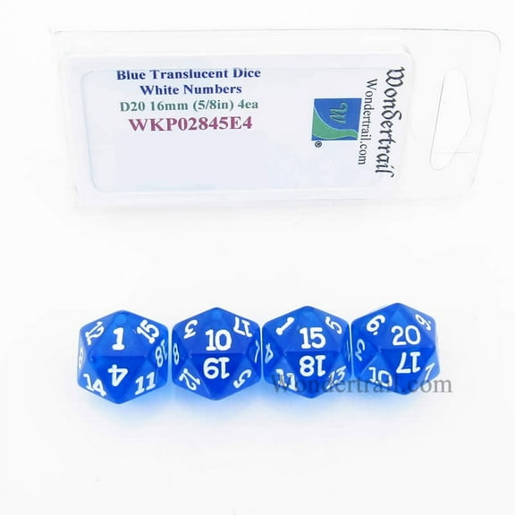 Blue Transparent Dice with White Numbers D20 16mm (5/8in) Pack of 4 Wondertrail