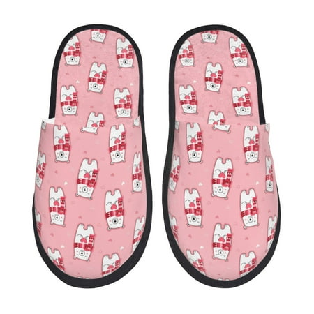 Balery pink Scarf bear Slient Indoor Furry Fleece Comfort House Shoes Soft Non-Slip Home Shoes Cotton slippers House Slippers-- Large
