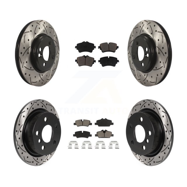 Transit Auto Front Rear Coated Drilled Slotted Disc Brake Rotors and Ceramic Pads Kit for Car 2015 Mini Cooper 2.0L 1.5L with 294mm Diameter Rotor KDC-101045
