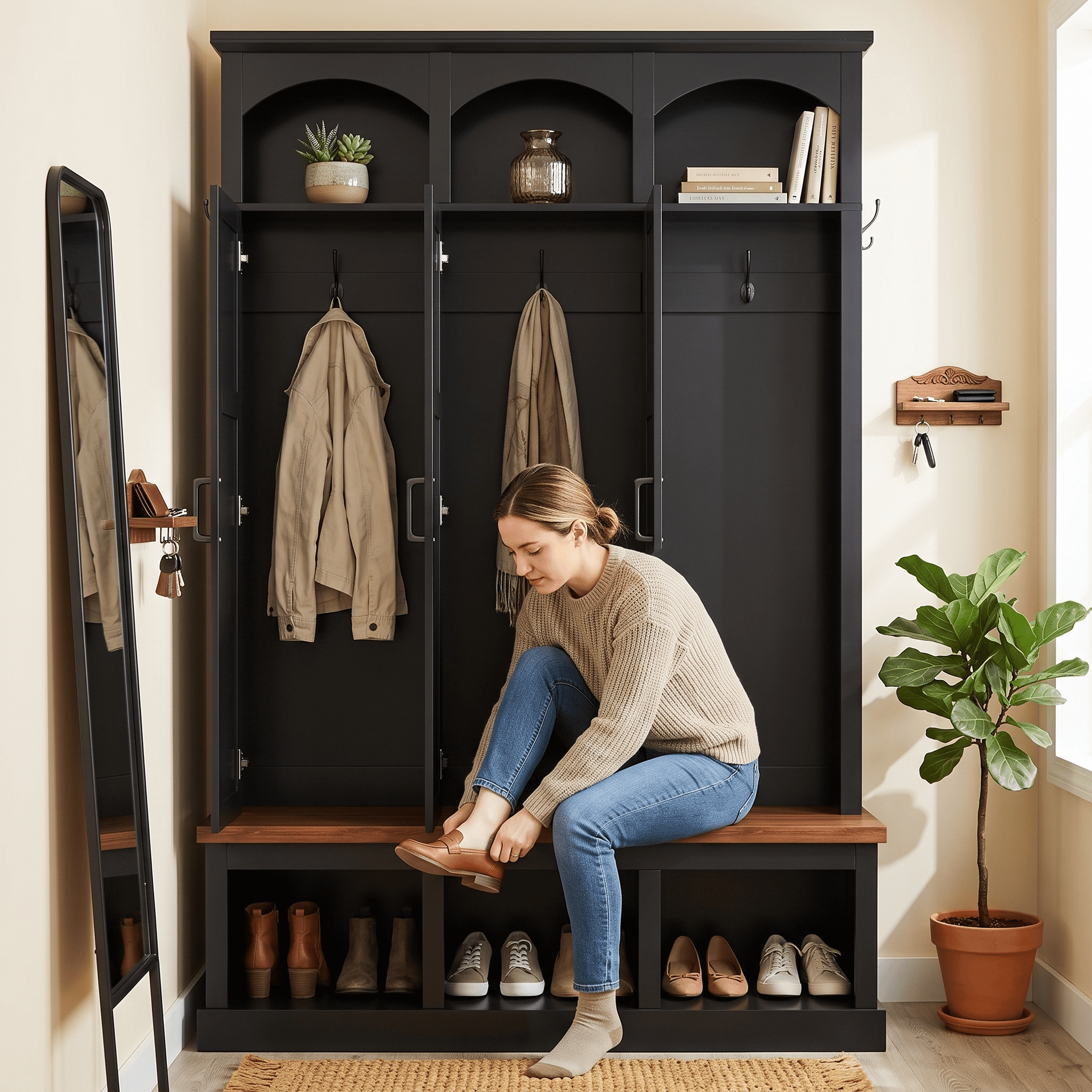 Homy Casa 49.2" Entryway Hall Tree with Bench, Storage Doors, Hooks & Lower Cubbies, Black
