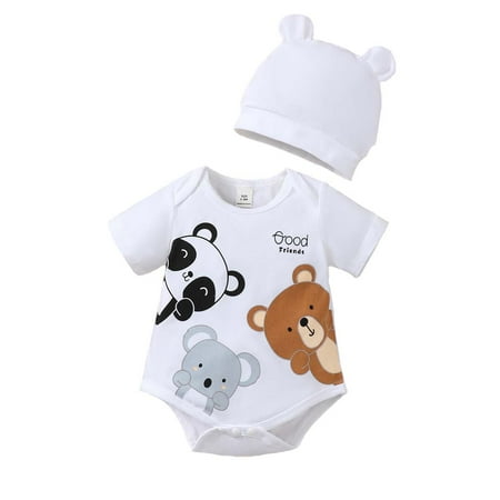 

KIMI BEAR Newborn Baby Boys Clothes 3 Months Newborn Boy Spring Summer Bodysuits 6 Months Newborn Boy Bear Print Round Neck Short Sleeve Triangle Romper + Hat 2PCS Set White