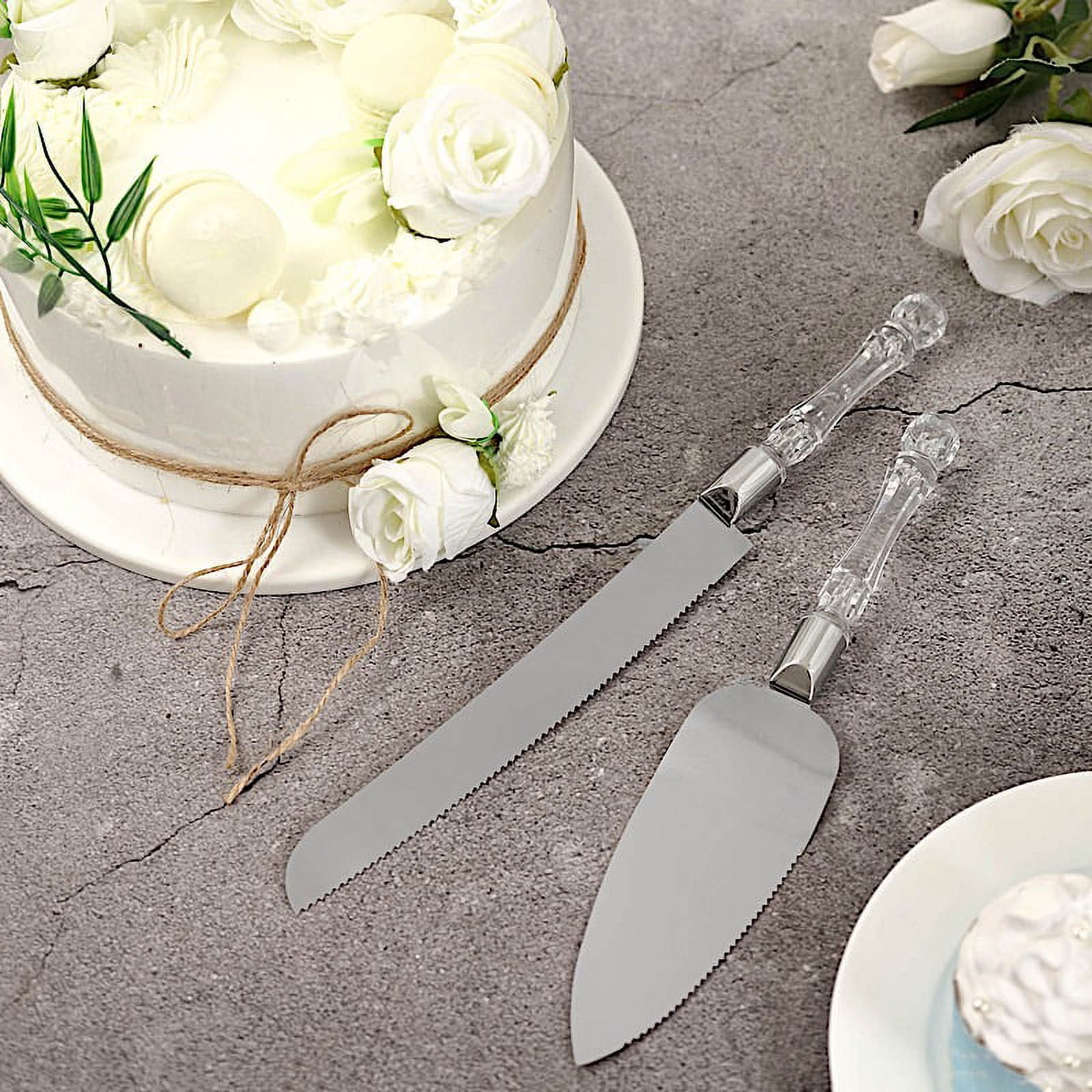 Stainless Steel Wedding Cake Server & Knife Set Clear Acrylic Handles New  W/ Box 