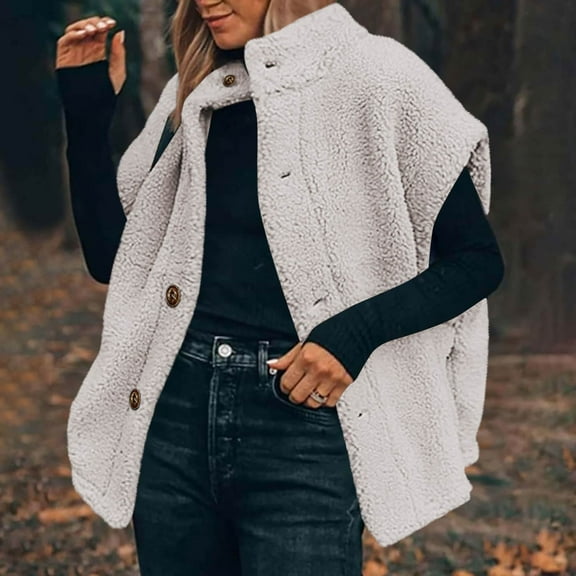 Qetyuw Womens Fleece Vest Fall Winter Sleeveless Stand Collar Open Front Vests Button Down Casual Jacket