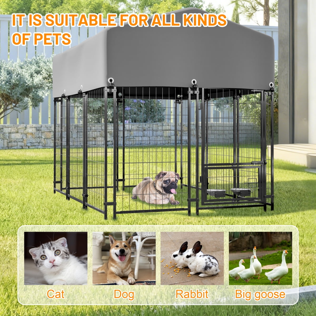 Dog Kennel Outdoor with Roof 4.23x5.82x4.83 FT Heavy Duty Welded Wire Dog Crate with Waterproof UV Resistant Cover Double Lock and Rotating Feeder Grey
