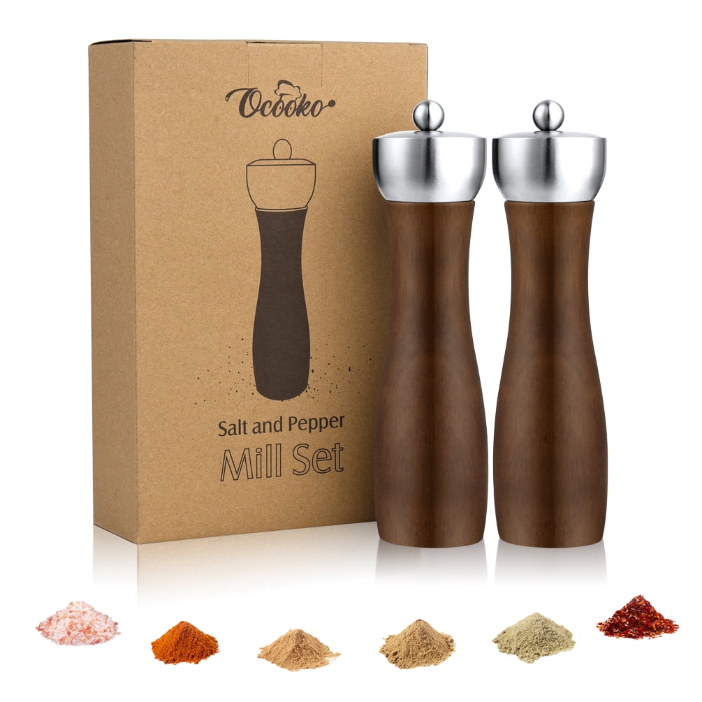 Uarter Set of 2 Wood Pepper Mill Grinder, Salt and Pepper Grinder Pepper Mill Set Adjustable Salt Mill with Ceramic Mechanism, with a nut marked with 'S' or 'P', Offer Fine or Coarse Granules