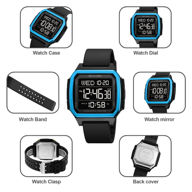 Tauxra Digital Watch Waterproof 50M WR Multifunctional Luminous Alarm Silicone Strap LCD Display For Students Young Adults