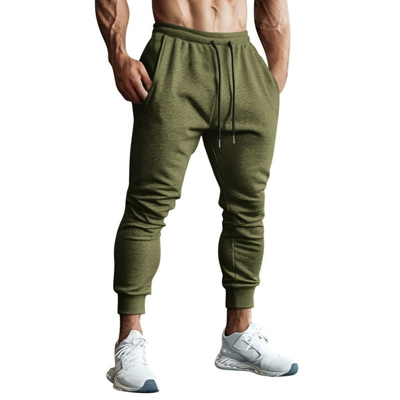 Men's Athletic Sweatpants Stretchy Elastic Waist Drawstring Casual Cargo Pants Baggy Tapered Gym Workout Joggers with Pockets (L, Army Green)