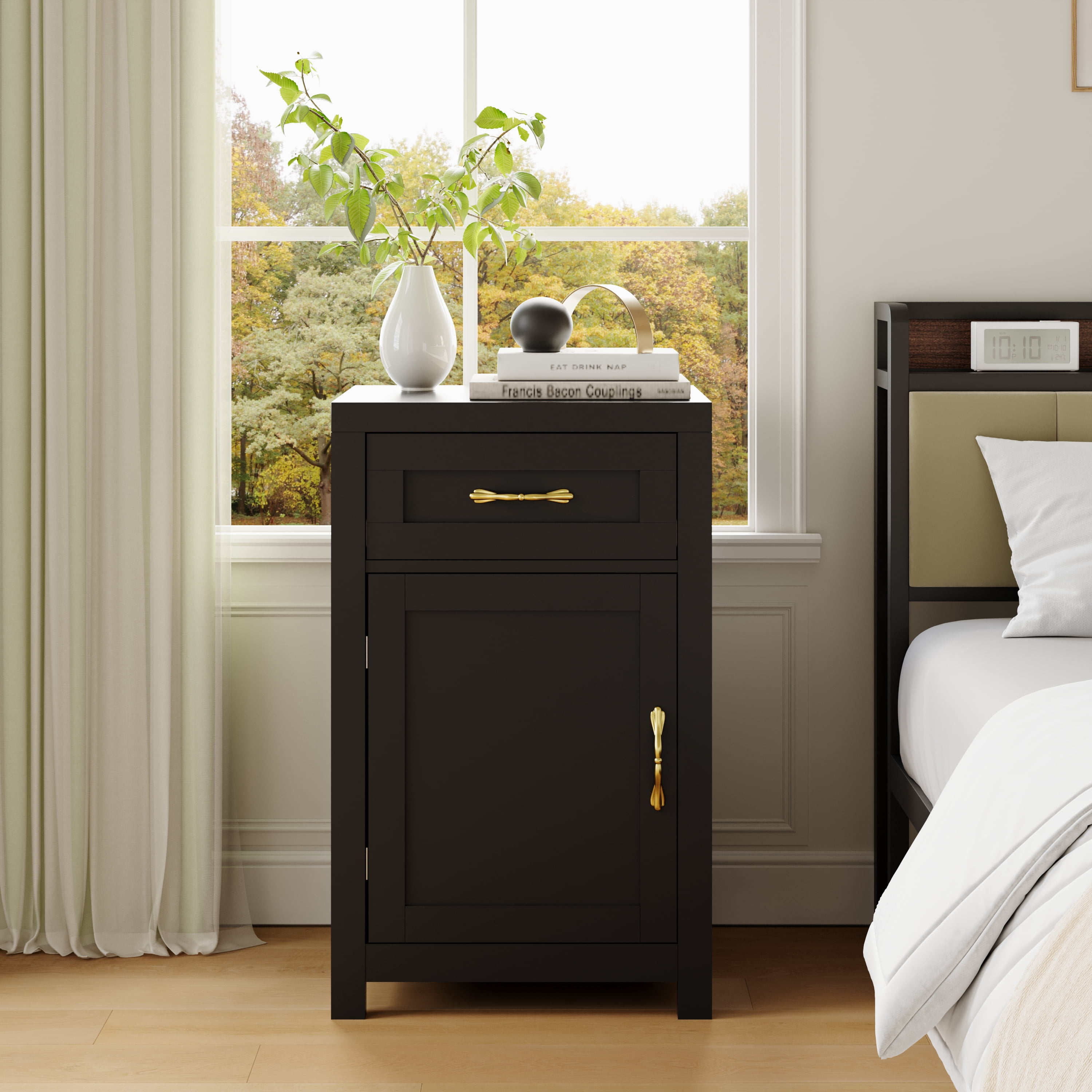 YouTrend Farmhouse End Table with Drawer and Storage Cabinet for Living Room,Rustic Adult Nightstand for Bedroom,Black