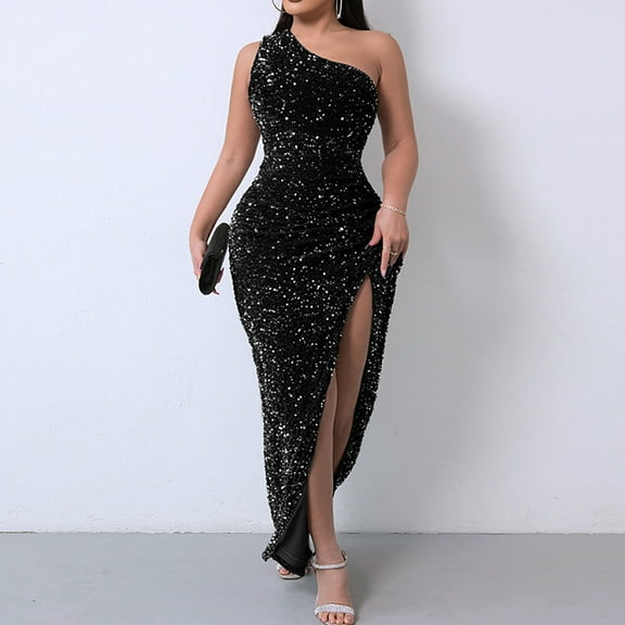 BLTIBY Women Sequin Evening Dress Hip Wrap V-Neck One Shoulder Ruched Waist Sleeveless Glitter Cocktail Party Slim Fit Formal Gowns with High Split Black S