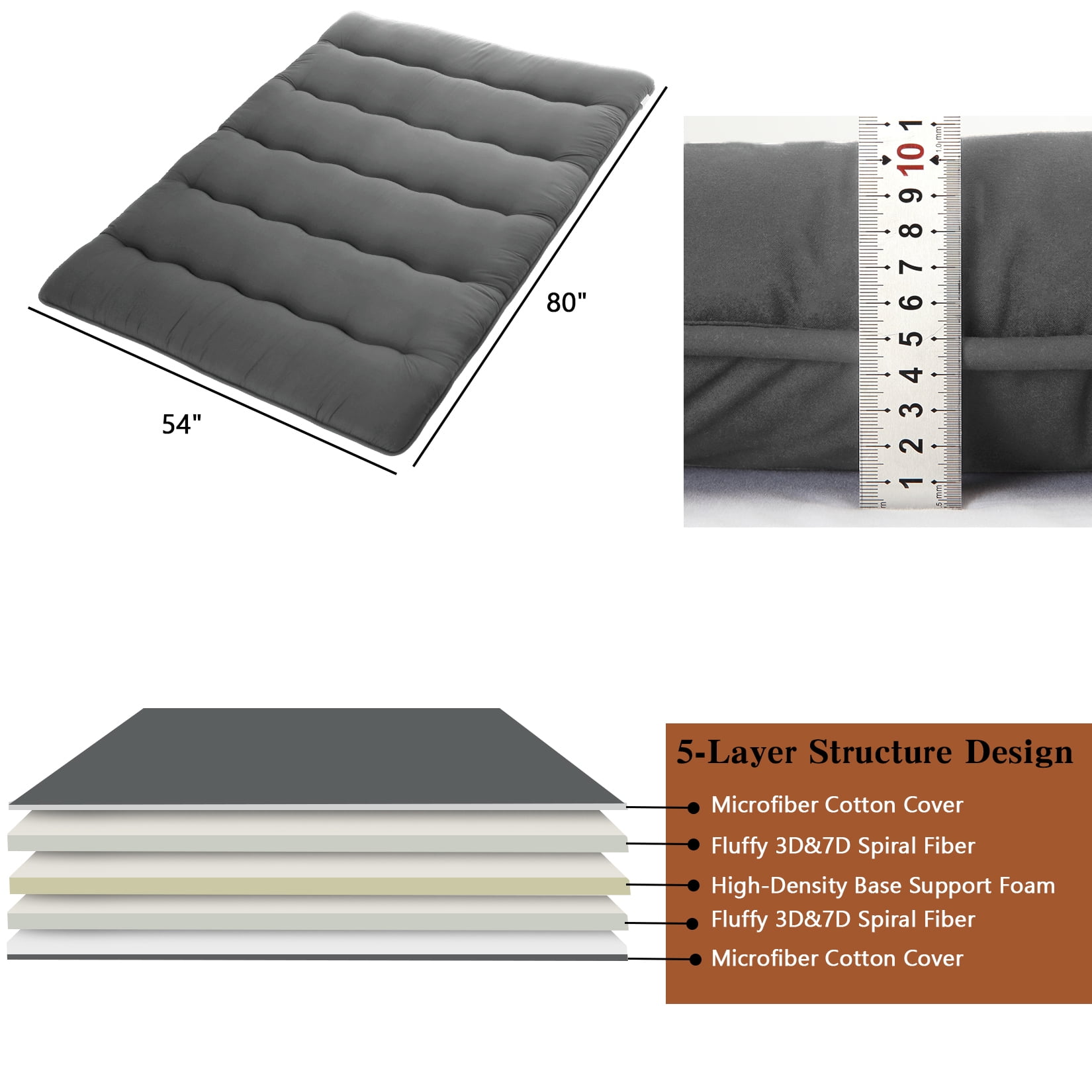 Japanese Futon Floor Mattress Twin/Full Size Sleeping Mat, Tatami Mat, Portable & Foldable Roll Up Camping Mattress Pad for Sofa Lounger, Dark Gray, Full (137*203cm)