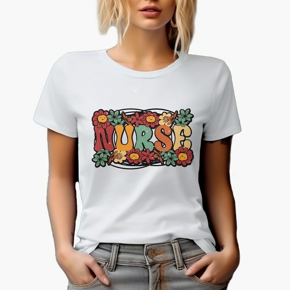 Retro Floral Nurse, White T-Shirt, Small