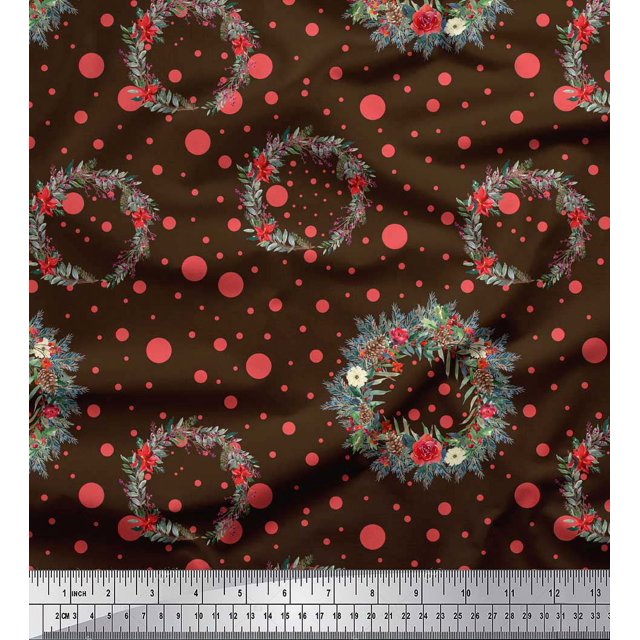Soimoi Brun Poly Georgette Tissu Couronne & Points Tissu Imprimé 1 Yard 42 Inch Wide