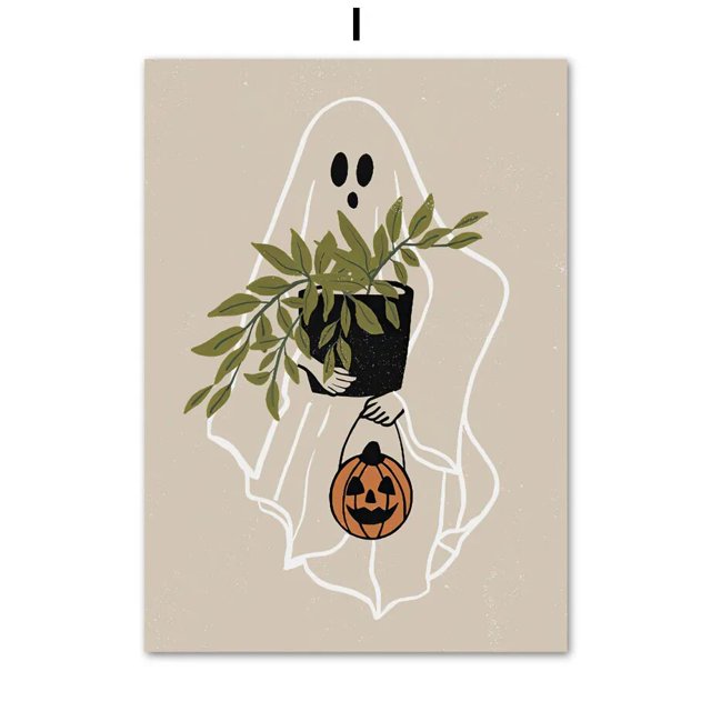 Pintura de arte de pared de Otoño de esqueleto de diente fantasma de Halloween botánico, carteles nórdicos e impresiones, arte de pared de sala de estar personalizable