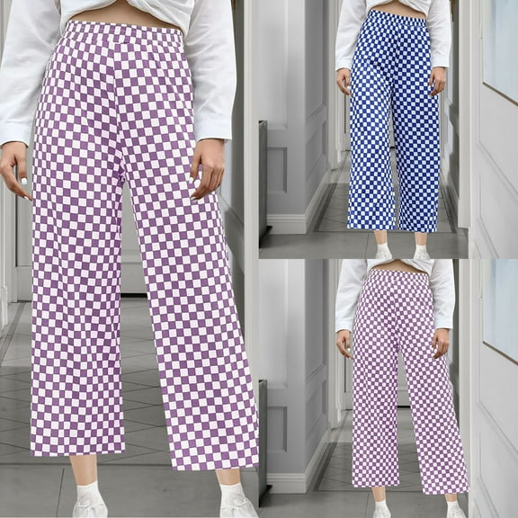 WRKEKC Women's Check Print Wide Leg Capri Pants Casual Ankle Length Elastic Waist for Summer & Street Style