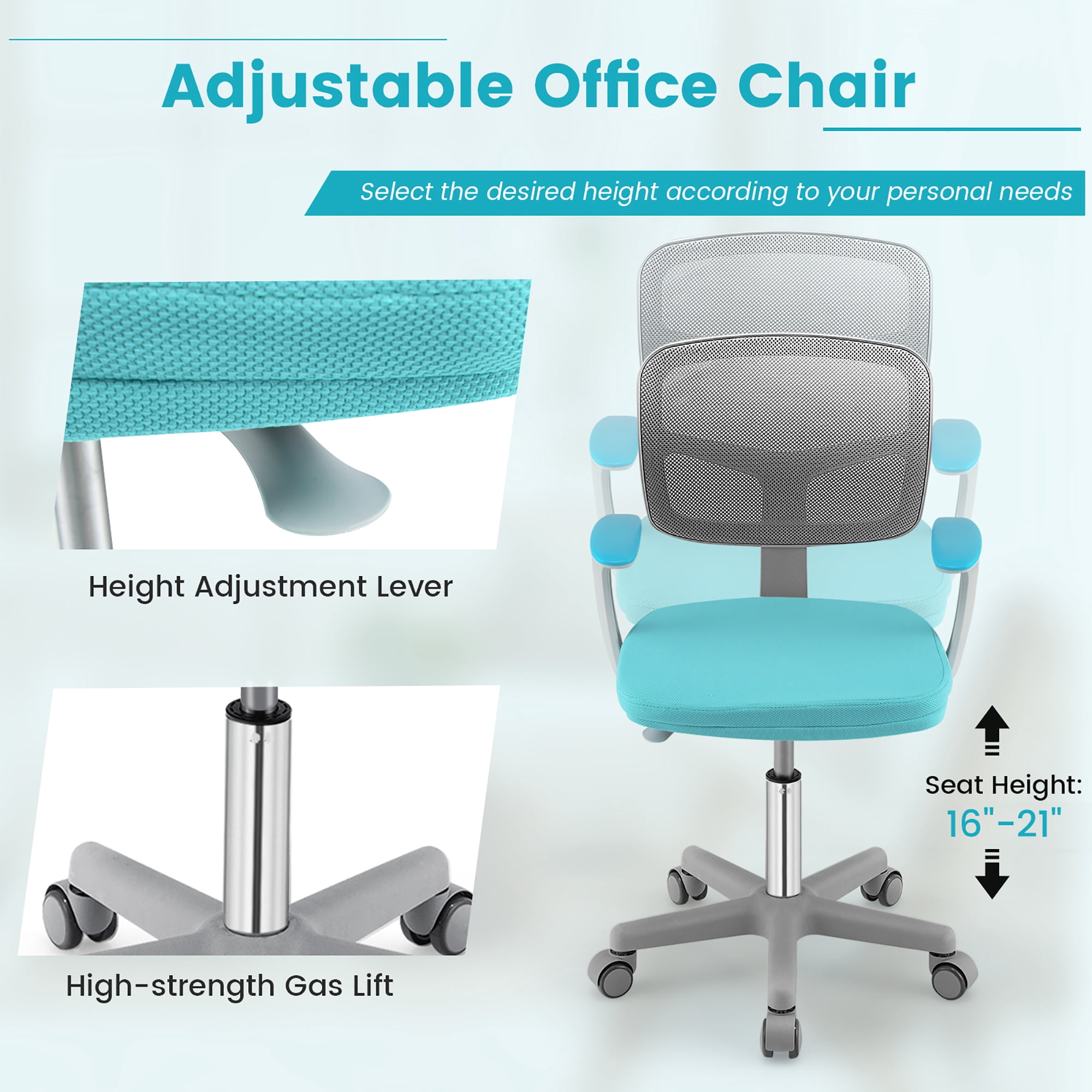Gymax Kids Desk Chair Adjustable Height Children Study Chair w/Auto Brake Casters Green