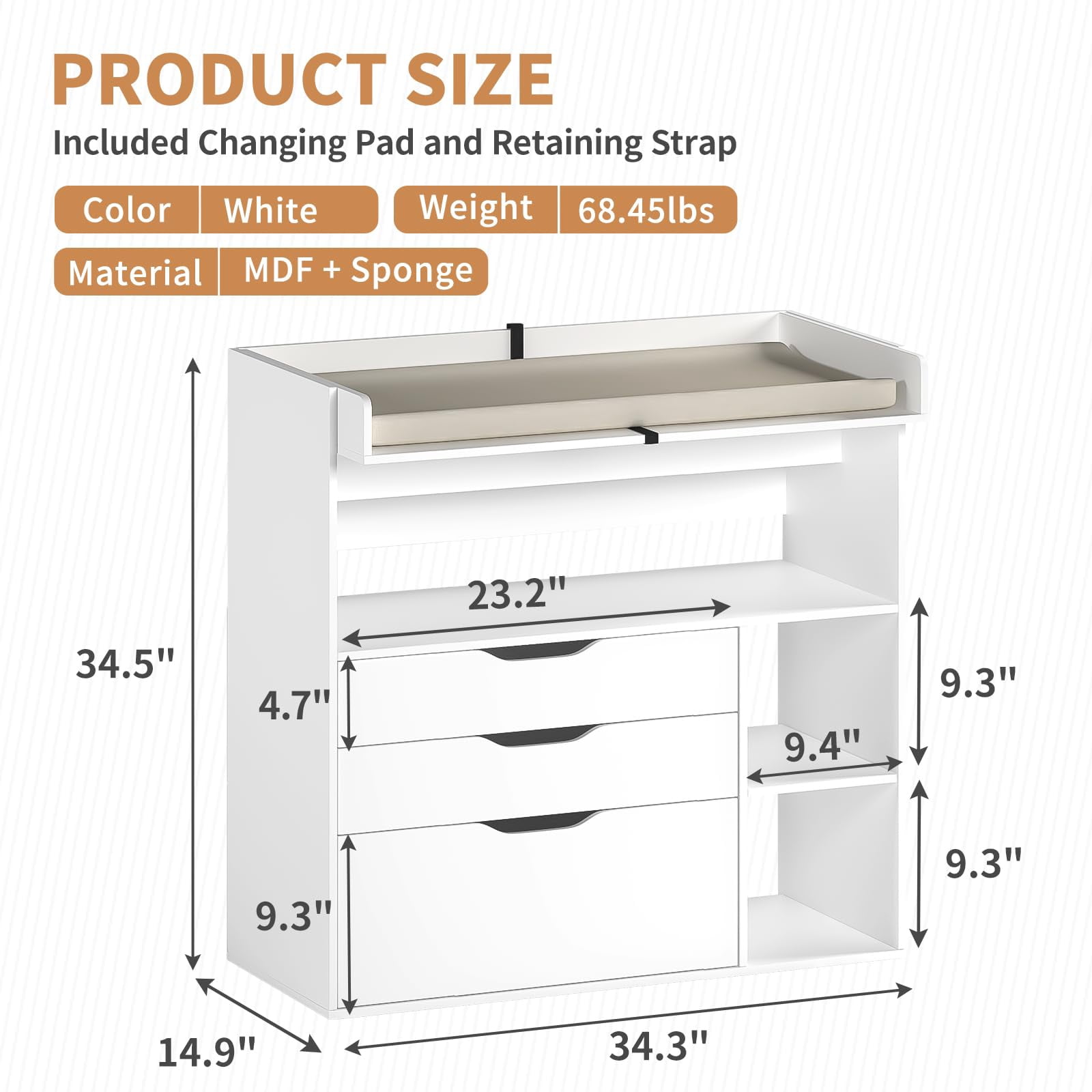 Cuoote 3 Drawer Diaper Changing Table Dresser, White