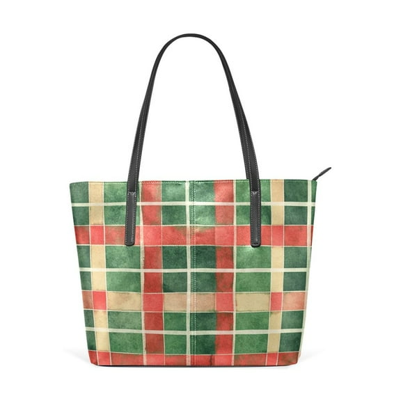 Tote Bag Aesthetic leather Handbags with Zipper for Women Travel Shoulder Bags Purses with compartment. Green and Red Plaid Pattern