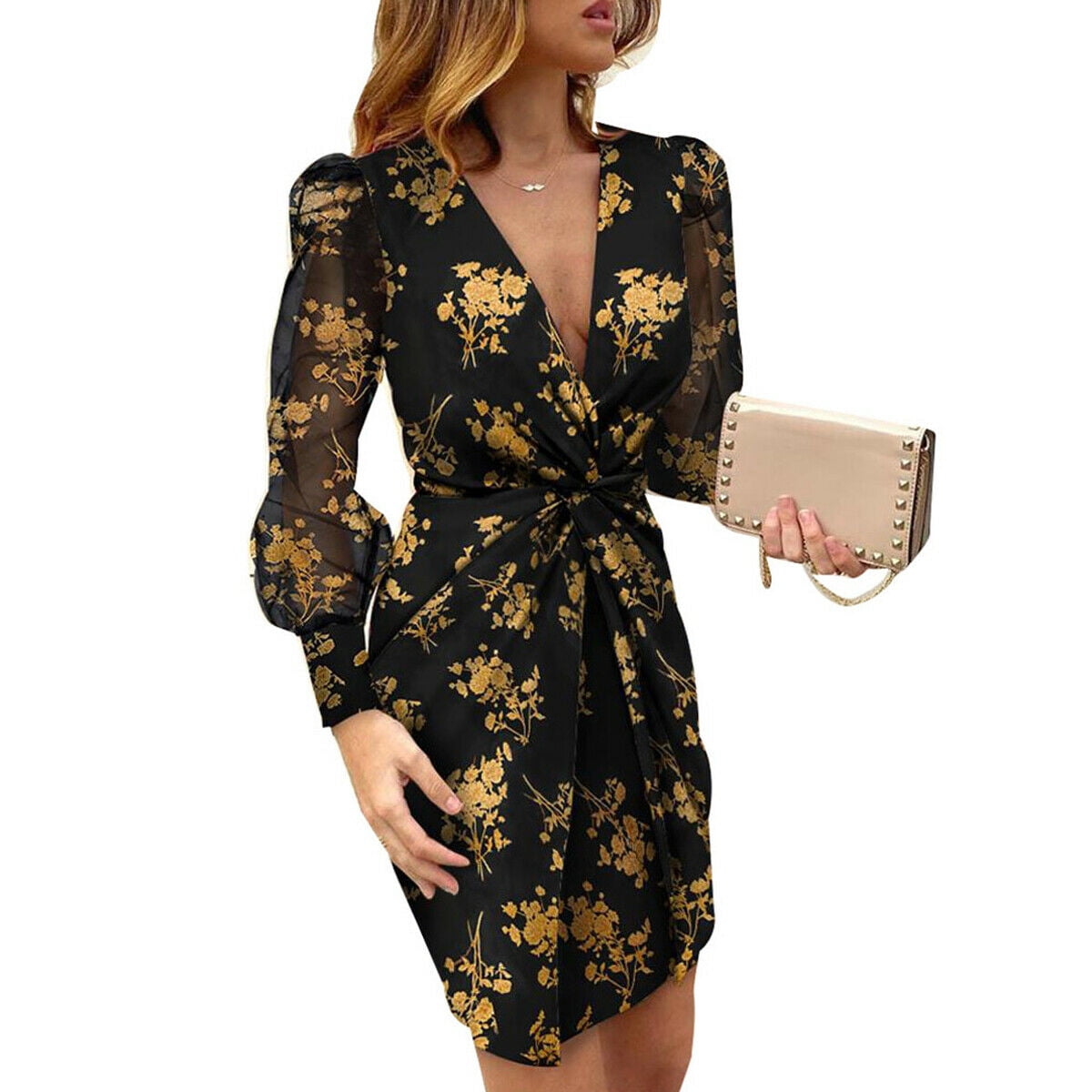 Elegant Women Dress Office Lady Floral Leopard Pencil Dress Long Puff
