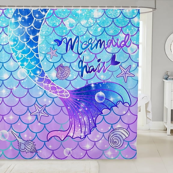 Mermaid Shower Curtain for Kids Girls Teal Blue Purple Mermaid Tail Print Bath Curtain with 12 Hooks Cute Bathroom Decor Shower Curtain Set Mermaid Fish Scale Glitter Decor,72x72 Inches