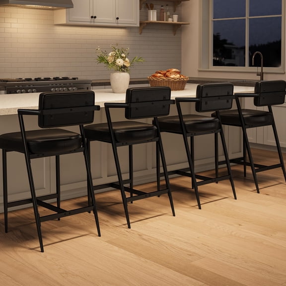 Bar Stools Set of 4 with Armrests, Counter Height Bar Stools of 4 with Backrest, Footrest, Thick Cushion & Thickened Metal Legs for Island, Counter Bar, Kitchen, Rustic Black