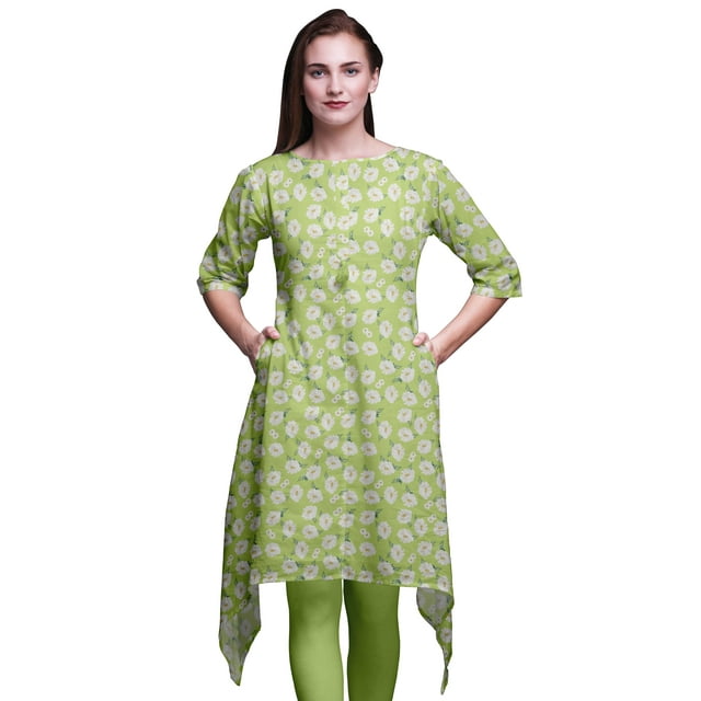 Bimba Green Ranunculus Floral Women Kurtas Ethnic Printed Asymmetric Summer Wear Tops For Women Large