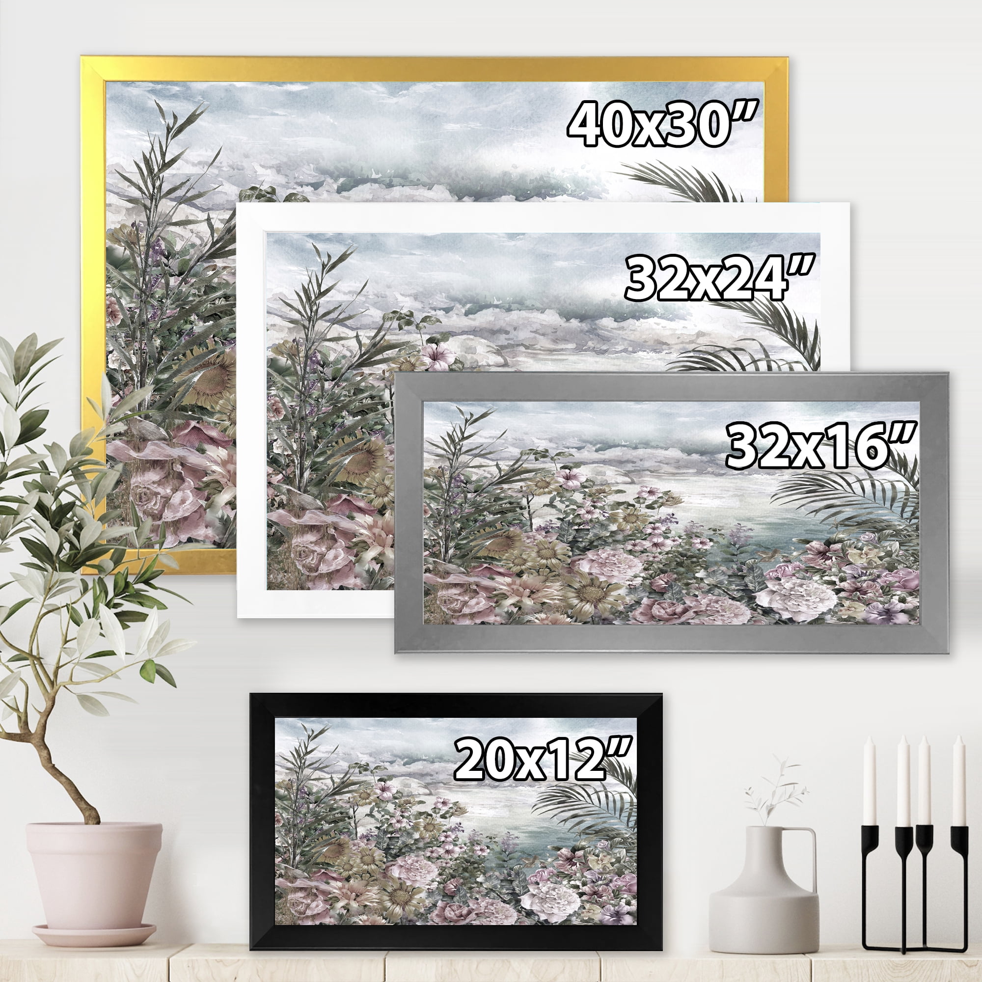 Designart 'Abstract Retro Flowers By The Sea Side' Vintage Framed Art Print