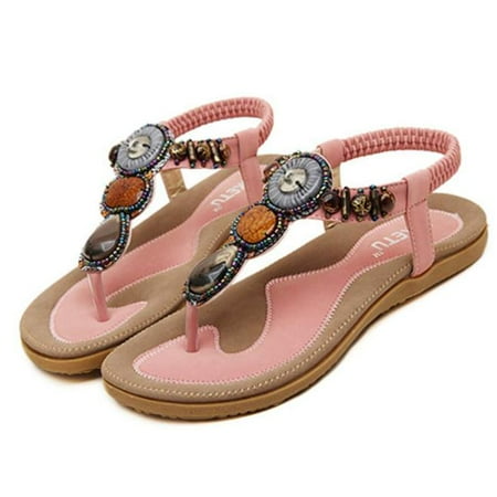 

ZMHEGW Women s Fashion Sweet Beaded Clip Toe Flats Bohemian Herringbone Sandals Pk 38