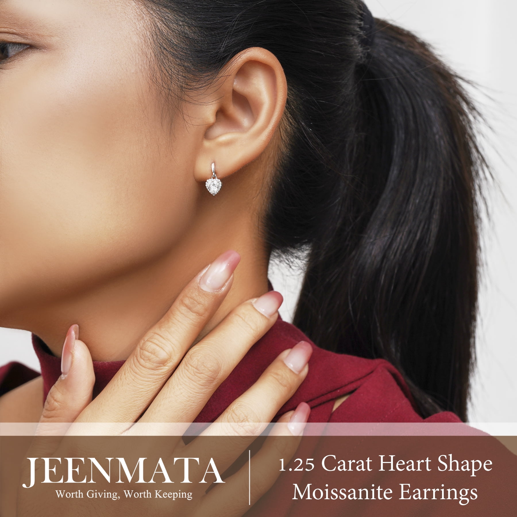 JeenMata Forever Heart 1.25 Carat - Moissanite - April Earrings in 18K White Gold Plating over Silver
