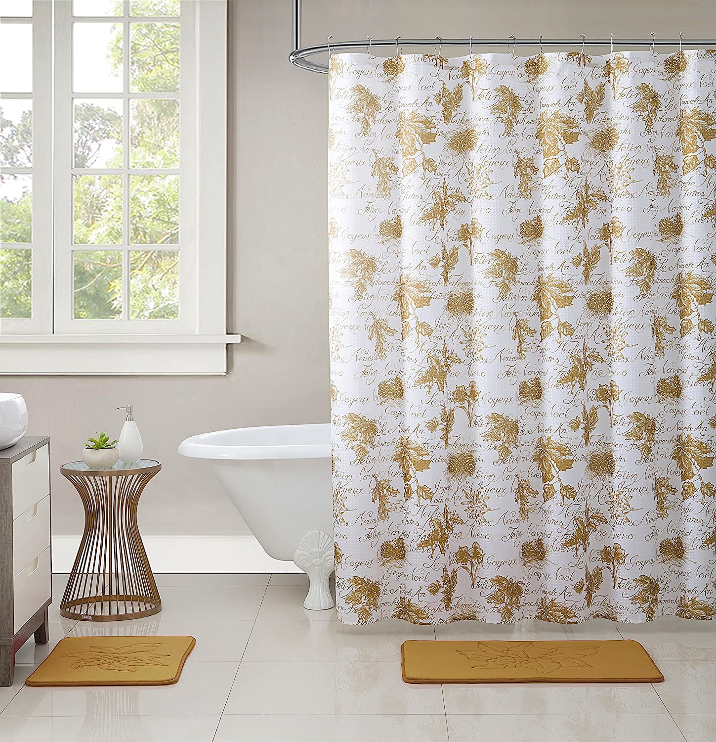 15-Pc 2 Memory Foam Bath Mats with Matching Shower Curtain-Grey Bathroom Set 