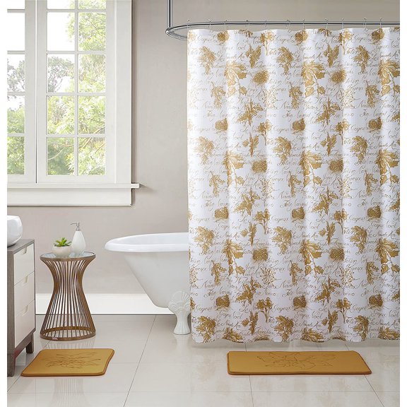 Serafina Home Christmas Fabric Shower Curtain 15pc Bathroom Set: 1 Shower Curtain, 2 Memory Foam Bath Mats, 12 Hooks, White Antique Gold