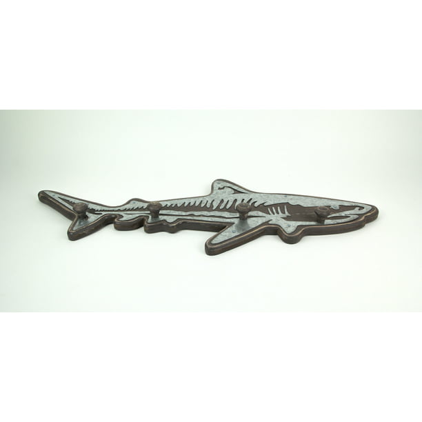 Zeckos 33-Inch Rustic Wood Shark Wall Hook Rack With Galvanized Metal Accents - Coastal-Themed Decorative Art Hanging For Keys, Bags, Coats, And Towel
