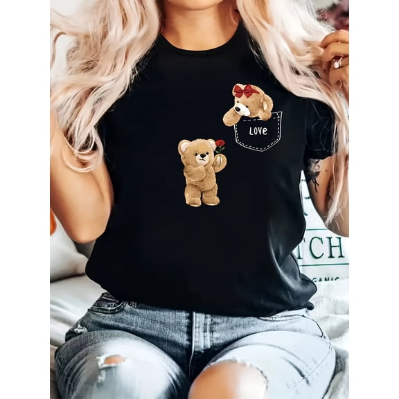 Women's Cute Black Teddy Bear "LOVE" Graphic T-Shirt – Soft Crew Neck Short-Sleeve Casual Top